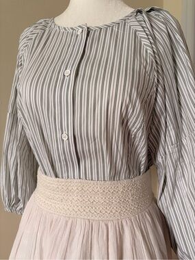 Striped Button Front Blouse in White and Olive